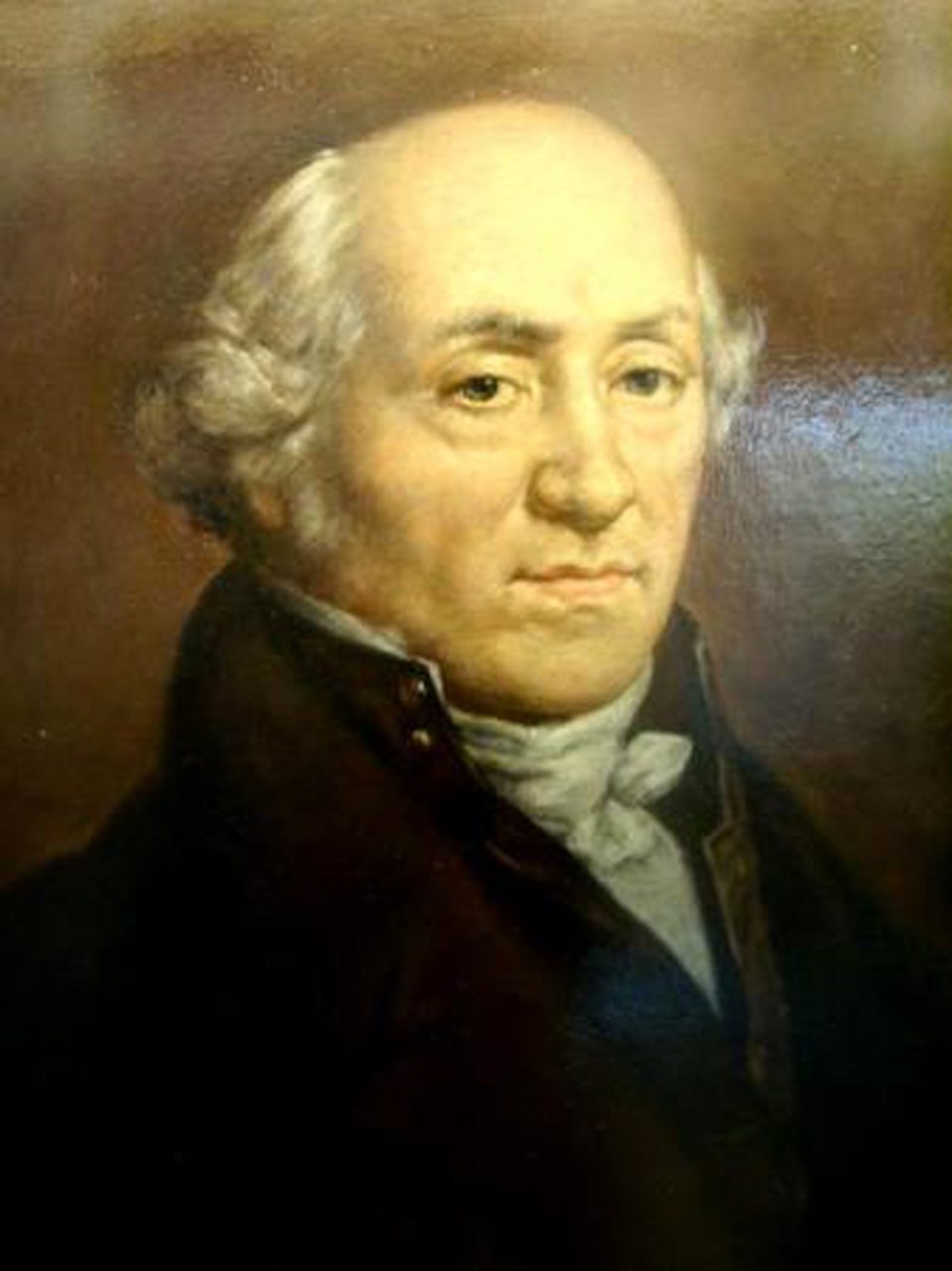 Gemaltes Brustbild des älteren Abraham-Louis Breguet mit weissem Halstuch und dunklem Rock vor dunklem Hintergrund
