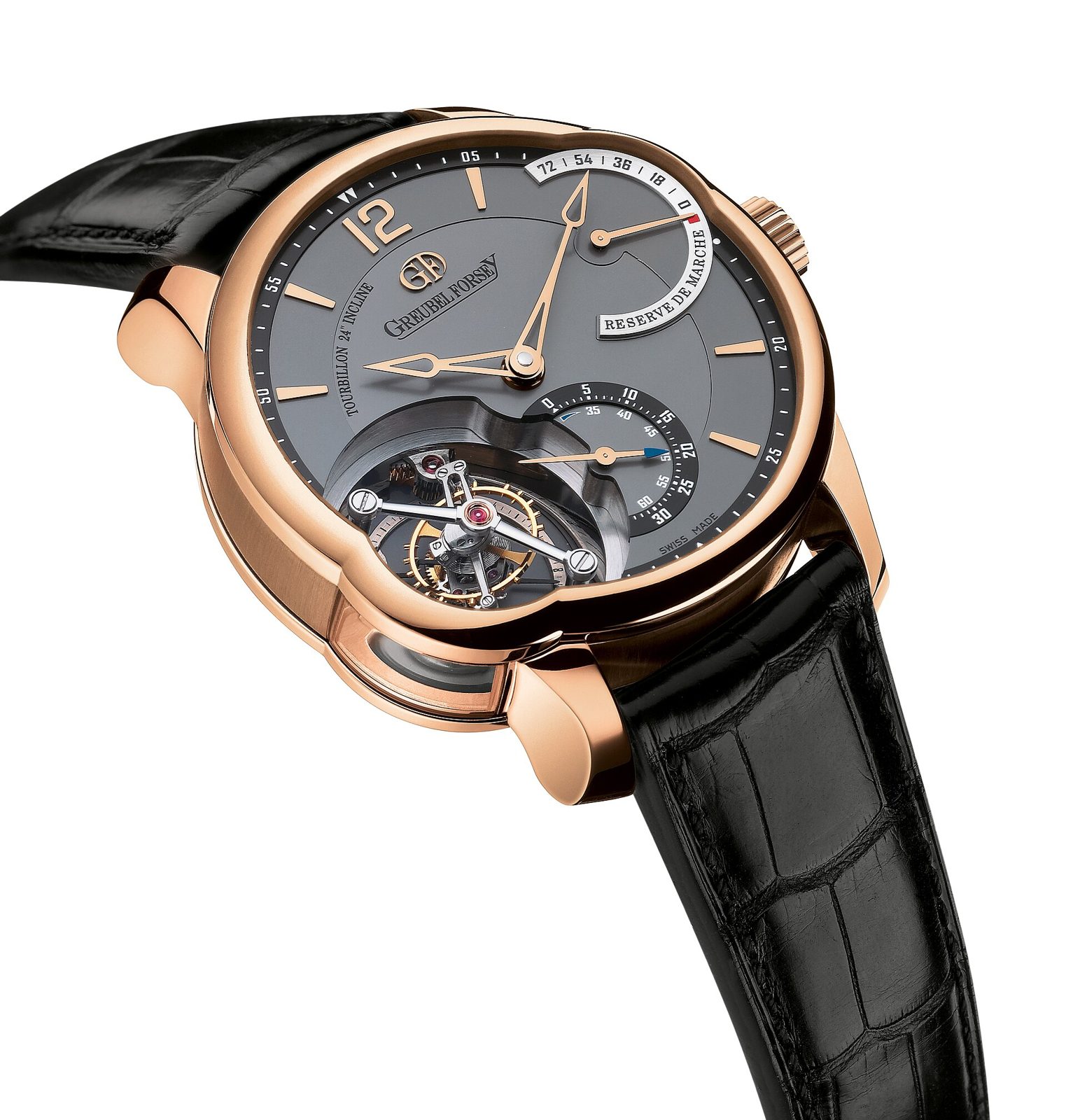 Roségoldene Armbanduhr mit grauem Zifferblatt, Gangreserveanzeige und einem geneigten Tourbillon im unteren Teil des Zifferblatts