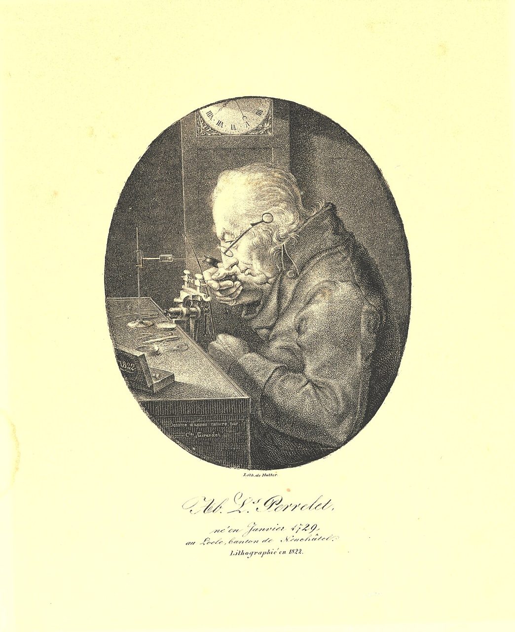 Schwarz-weisses lithografiertes Porträt des greisen Uhrmachers Abraham-Louis Perrelet mit Bildunterschrift zu seiner Geburt im Januar 1729 in Le Locle