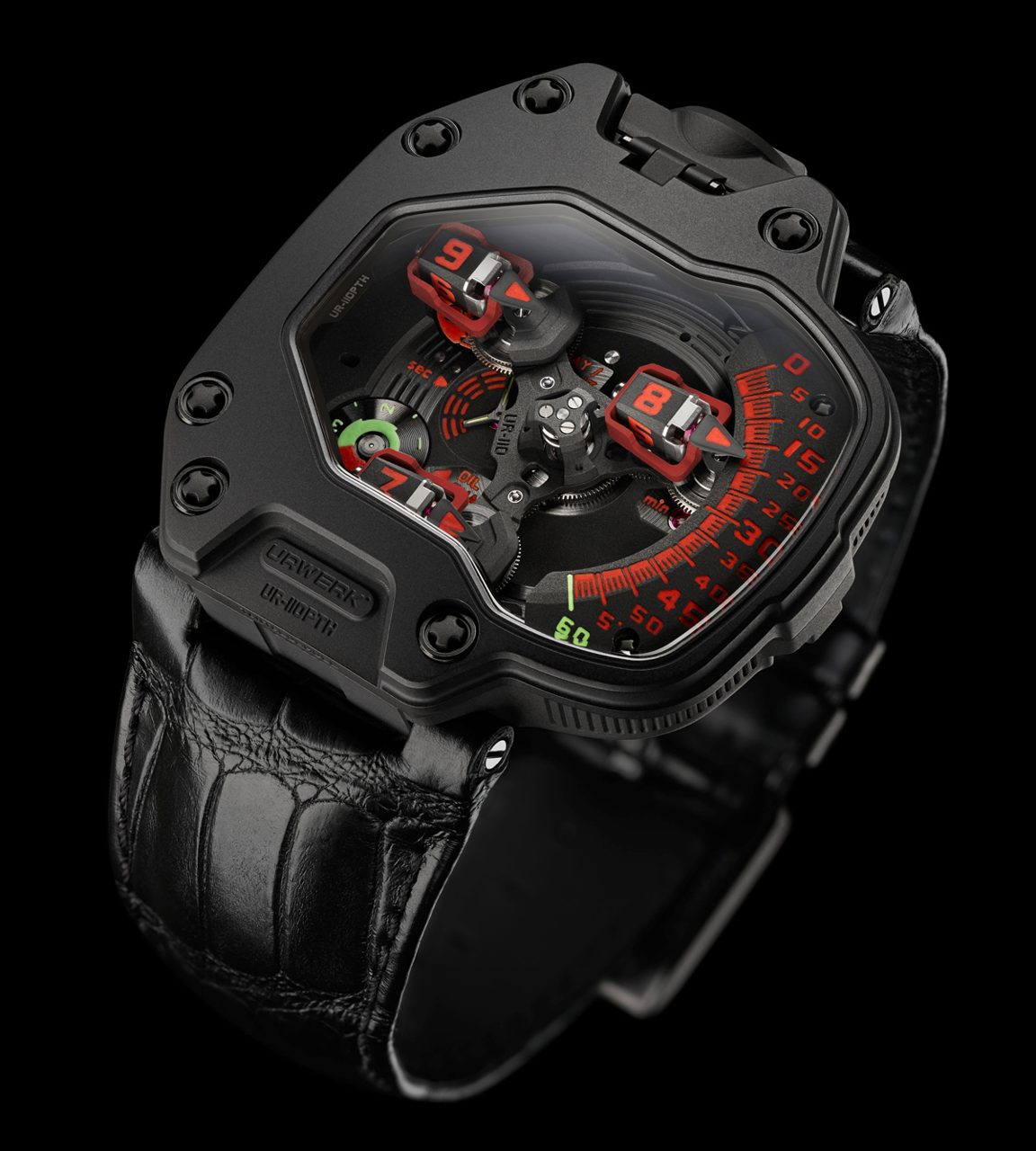 Schwarze Armbanduhr mit eckigem Gehäuse, roten Stunden-Satelliten und einer roten Minutenskala